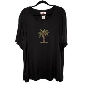 Quacker Factory Black Slinky Shirt Rhinestone Palm Tree Gemcore Coastal‎ Grandma
